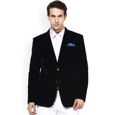 Men Navy Blue Solid Single Breasted Party Blazer