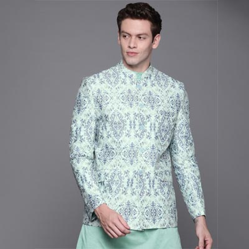 Men Sea Green & Navy Blue Cotton Ethnic Motifs Printed Printed Bandhgala Blazer