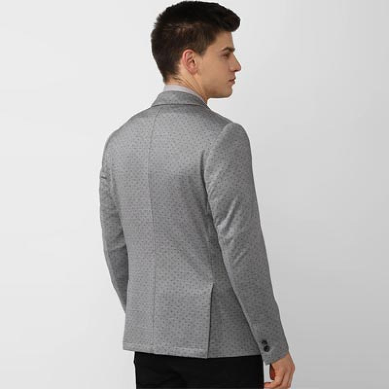 Men Grey Printed Single-Breasted Slim-Fit Formal Blazer