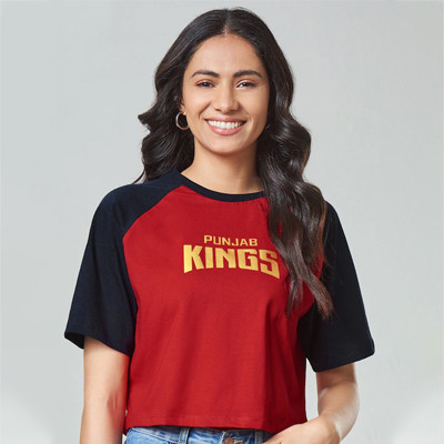 Women Red PBKS The Kings Are Coming Typography Print Oversized Crop Top