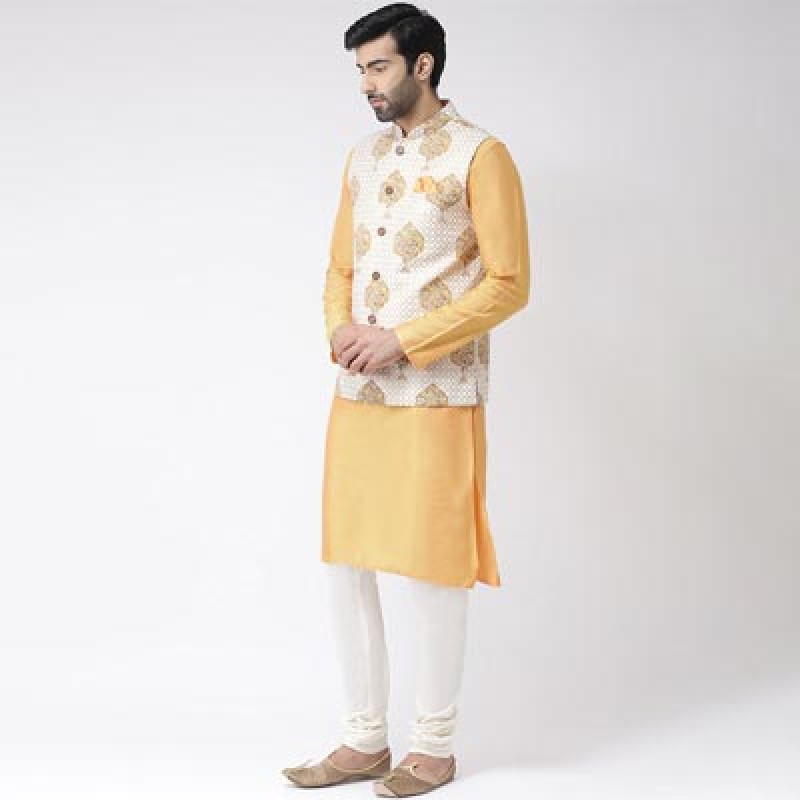 Men Yellow & White Solid Handloom Kurta with Churidar & Nehru Jacket