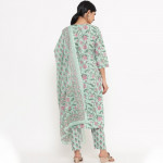 Women Green Floral Yoke Design Pleated Sequinned Pure Cotton Kurti with Salwar & With Dupatta