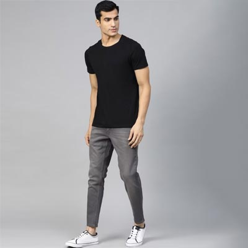 Men Charcoal Grey Skinny Fit Mid-Rise Clean Look Cropped Stretchable Jeans