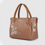 Brown Floral Print PU Regular Structured Handheld Bag