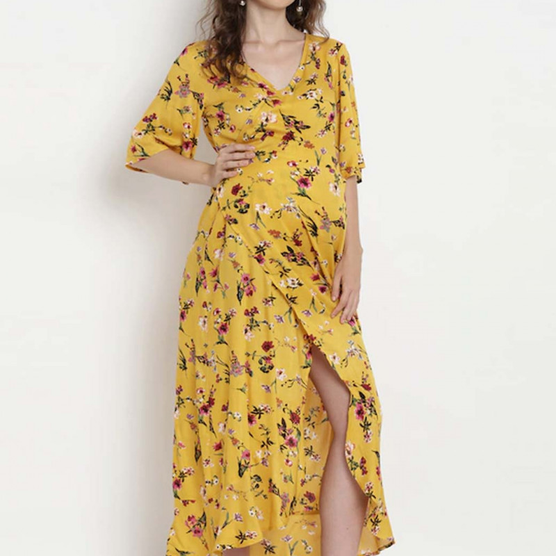 Women Yellow Printed Maternity Wrap Dress