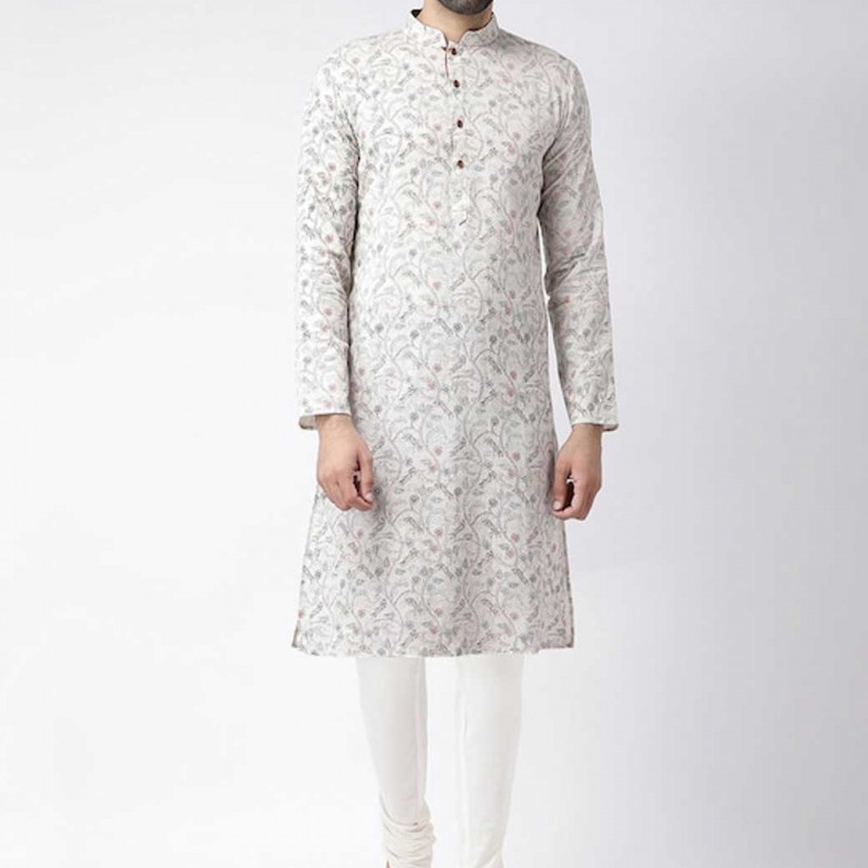 Men White Floral Printed Kurta with Churidar