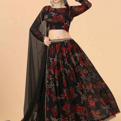 Black & Red Printed Ready to Wear Lehenga & Blouse With Dupatta