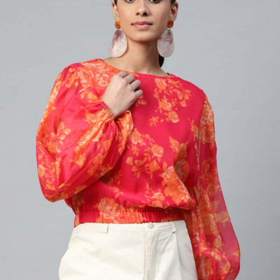 Pink & Orange Floral Printed Puff Sleeves Blouson Top