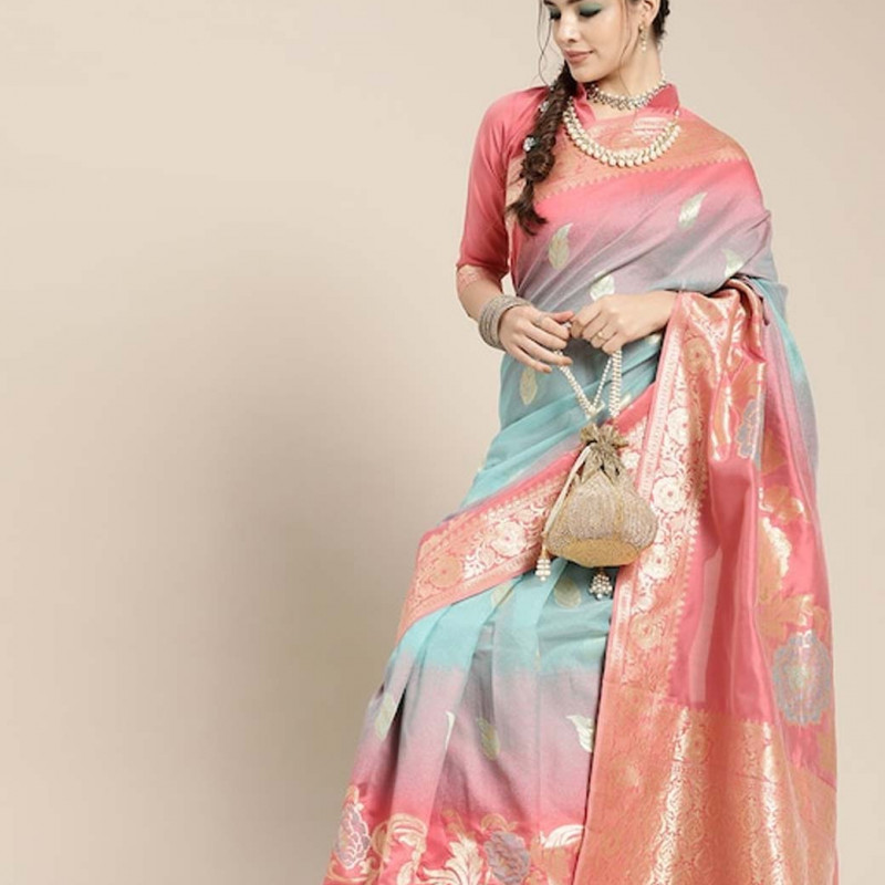 Pink & Blue Floral Dyed Banarasi Sarees