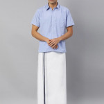 Men White Solid Dhoti with Navy Blue Border