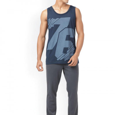 Men Navy Blue Printed Cotton Innerwear Vests