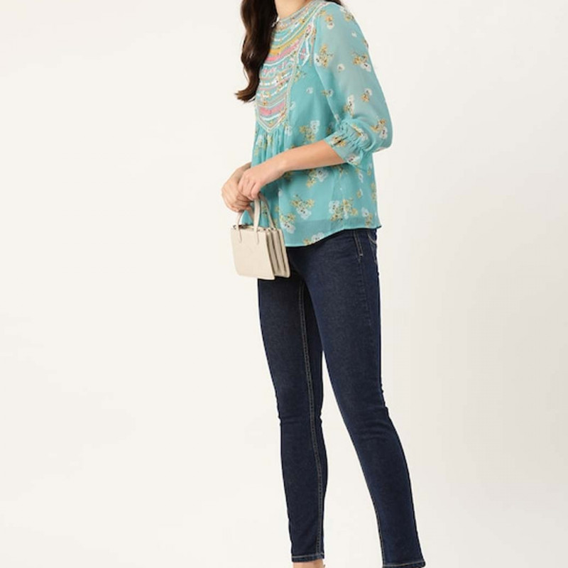 Women Blue & Yellow Floral Print A-Line Top