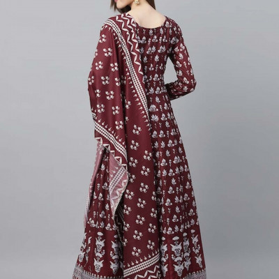 Women Coffee Brown & Off-White Floral Block Printed Anarkali Kurta with Dupatta